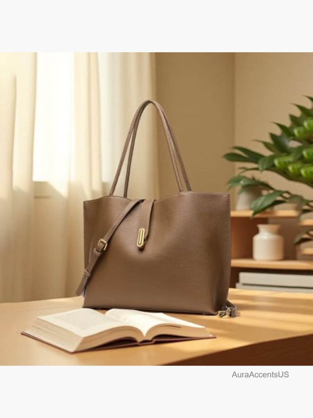 Large Vegan Leather Tote Bag with Removable Pouch, 2-in-1 Work & Travel - Picture 3 of 7